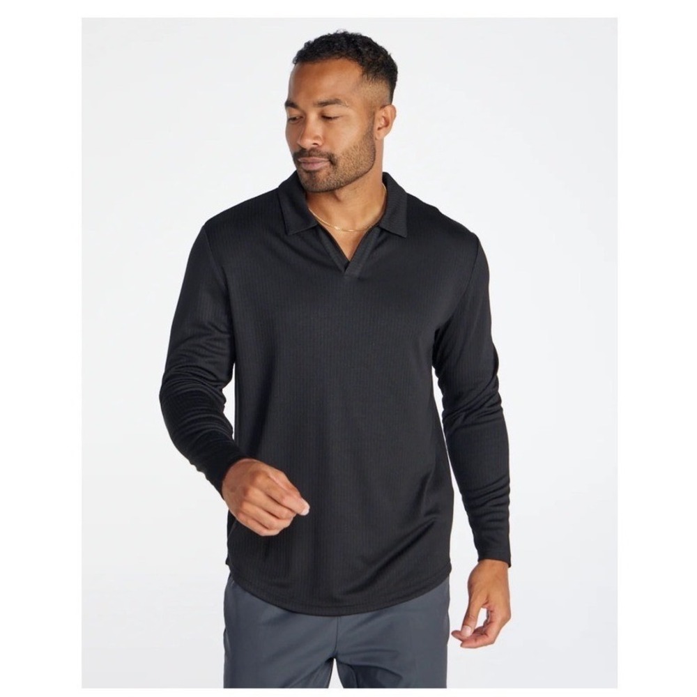 BYLT Premium Basics Ribbed Long Sleeve Open V Polo Shirt Mens M Black Minimalist
